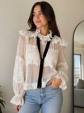 Sheer Lace Ruffled Blouse with Black Tie